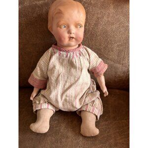 VTG 1930's Composition Excelsior Stuffed Molded Hair Blue Eyes Adorable Doll